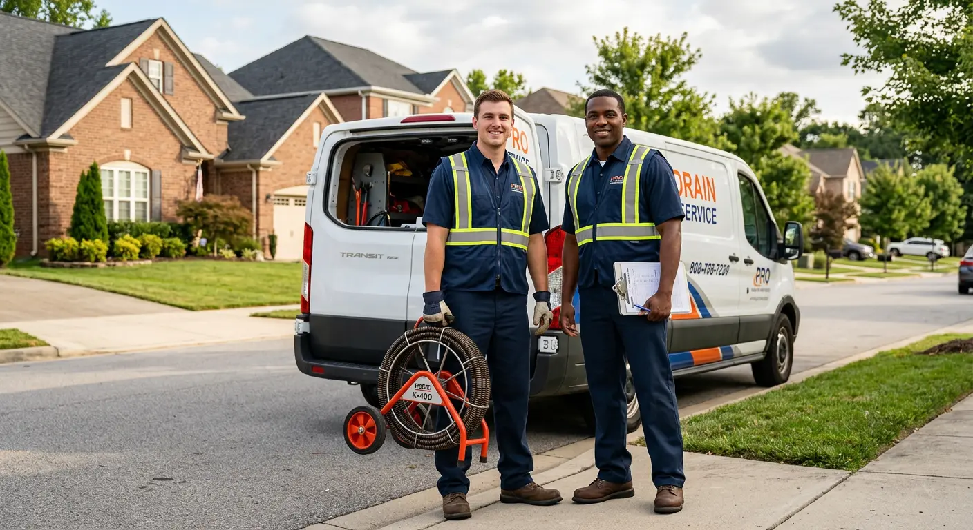 Sewer and drain service team with equipment ready for work in East Greenwich