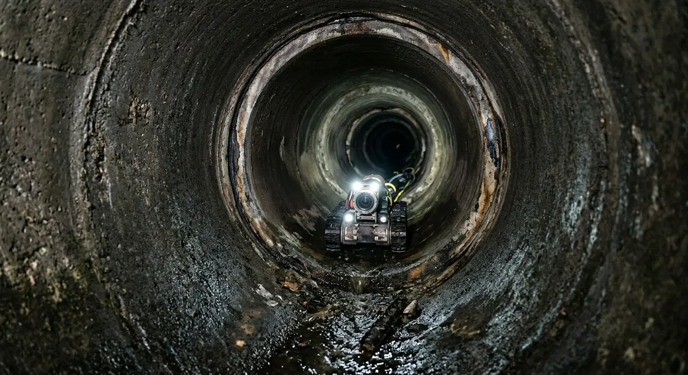 Robotic sewer camera inspecting pipe interior for Sewer Line Cleaning in East Greenwich