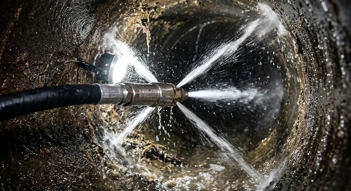 High-pressure hydro jetting nozzle cleaning sewer pipe for Storm Drain Cleaning in East Greenwich
