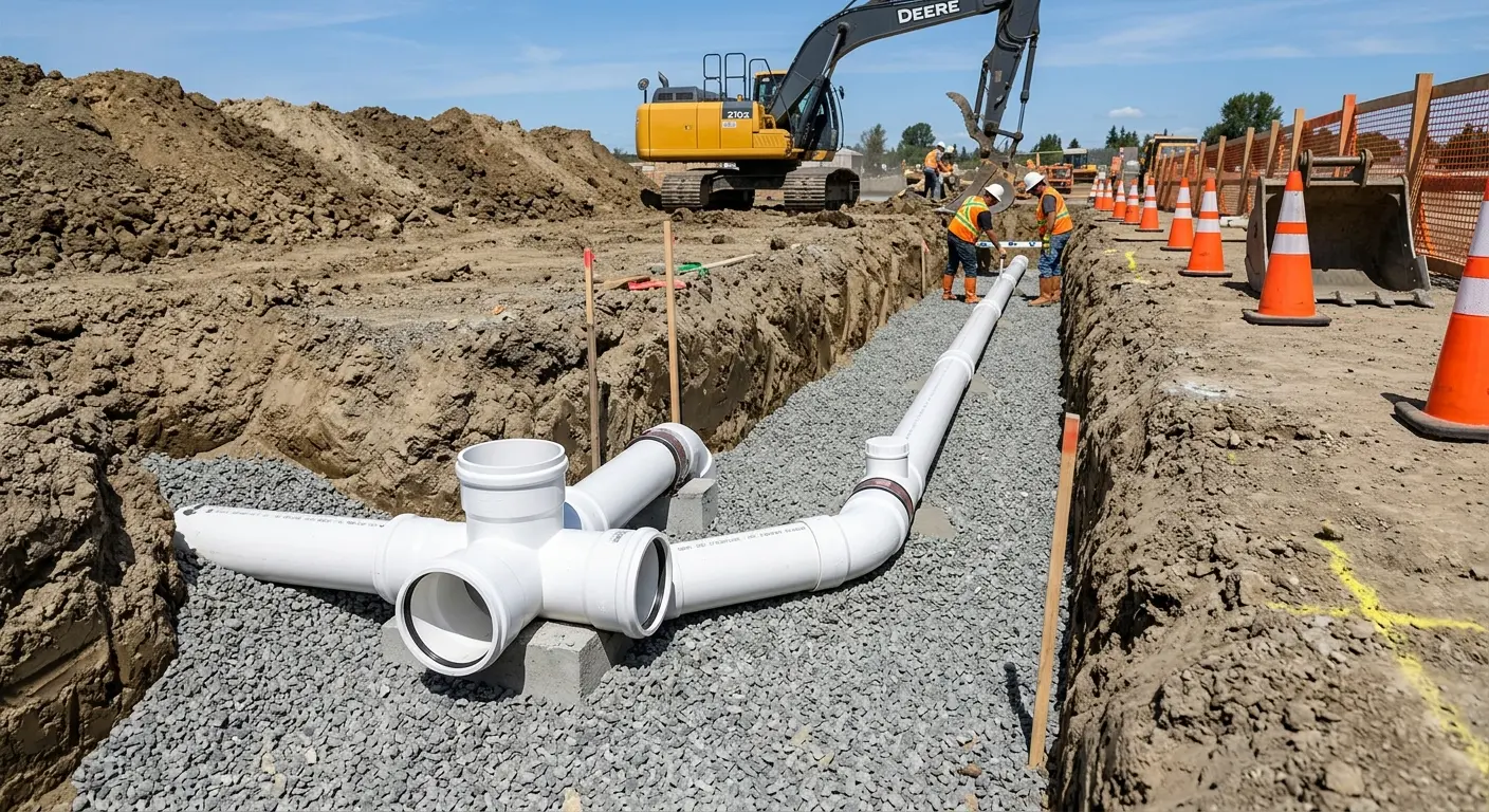 New PVC sewer pipe installation in open trench for Grease Trap Cleaning in East Greenwich