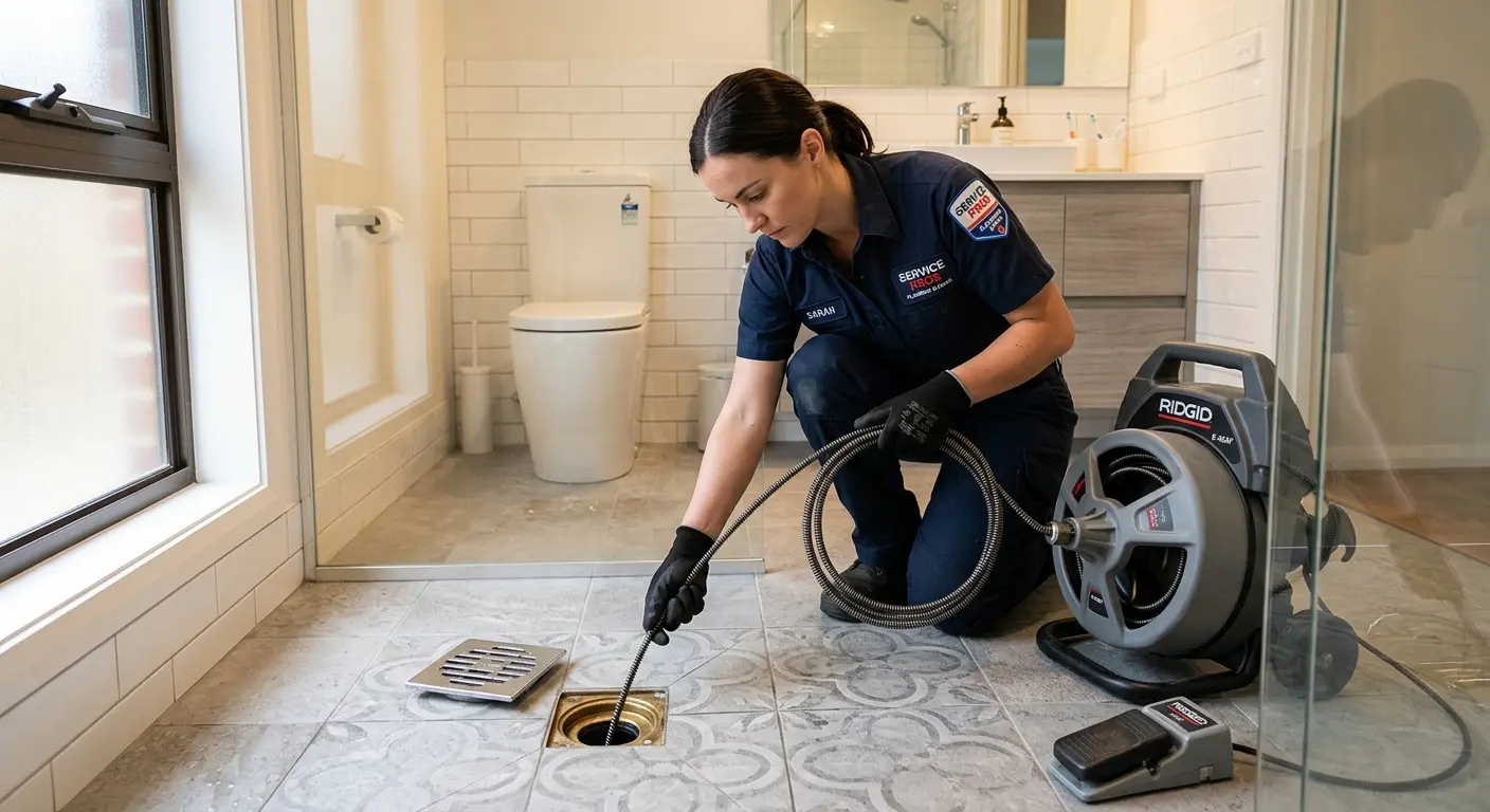 Technician clearing a bathroom floor drain for Sewer Line Installation in East Greenwich